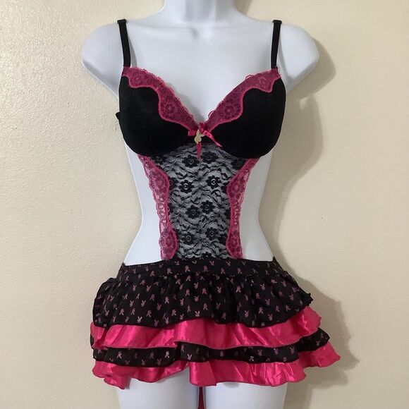 Playboy Black Pink Logo Dollette Nymphet Y2K Gyaru Apron Bow Lace Slip L - Picture 1 of 8